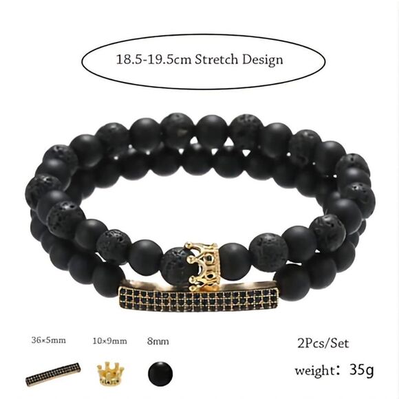 NWOT Beaded Lava Rock Natural Stone Adjustable Bracelet Golden Crown For Men - Picture 6 of 6